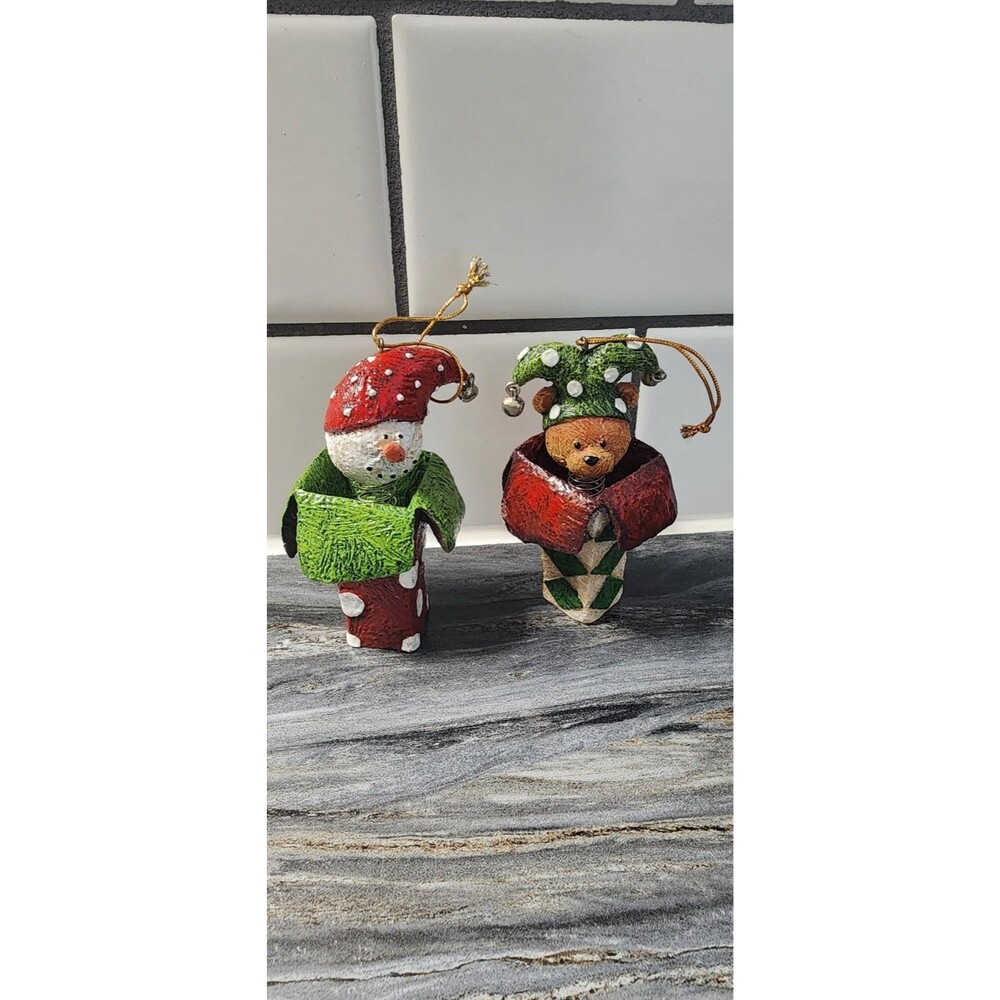 2 Christmas Bobble Head Ornaments Resin Snowman Bear Jester Jack In Box Style